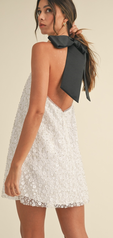 white sequin dress with black bow on back Irina White Sequin Mini Dress with Black Bow L