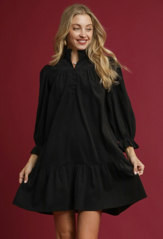 Corduroy Puff Sleeve Tiered Mini Dress | French Tulips & Co